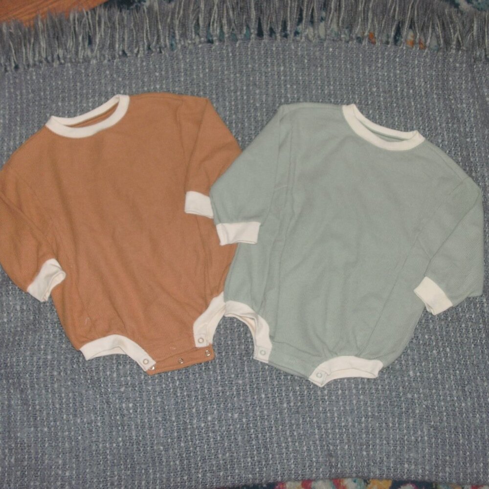 TWO ~ Cat & Jack Ribbed Bodysuit Romper Light Green & Golden Yellow size 18M